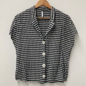 MNG Basics Black White Gingham Checked Collared Short Sleeve Blouse US 10